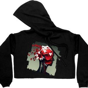 Floral Women's Cropped Fleece Hoodie - Head Cropped Hoodie for Women - Halloween